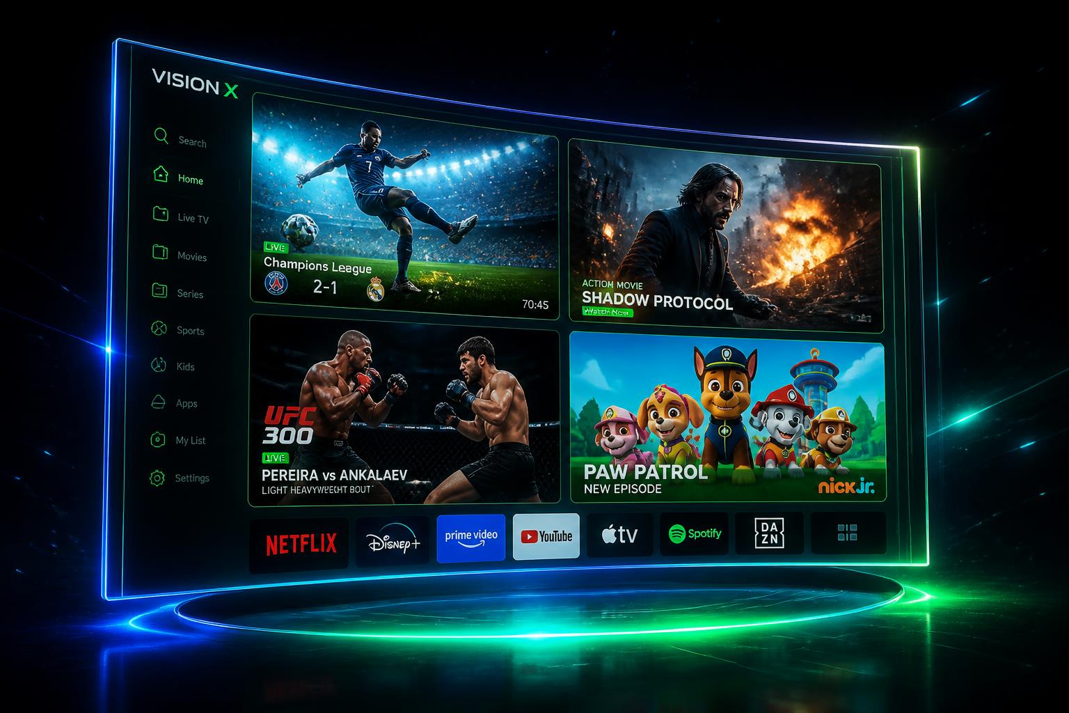 TV premium NEXTV+ exibindo futebol, filmes, UFC e desenhos